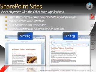 SharePoint SitesWork anywhere with the Office Web ApplicationsOffice Word, Excel, PowerPoint, OneNote web applications Familiar Ribbon User InterfaceHigh-fidelity viewing experienceEssential editing with no formatting or data lossEditingViewingPre-Beta Screenshots.