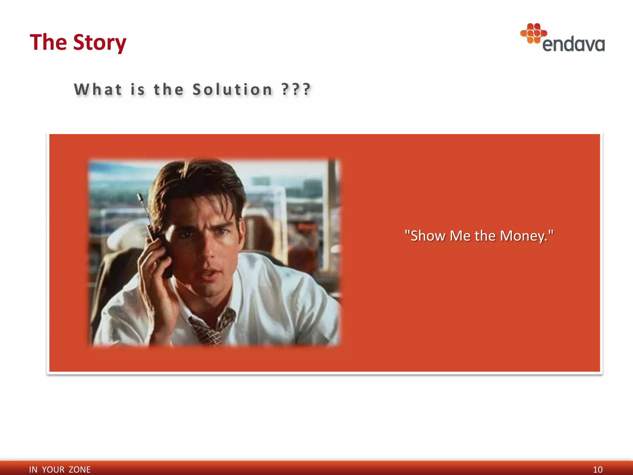 The Story
        What is the Solution ???




                                   "Show Me the Money."




IN YOUR ZONE                                              10
 