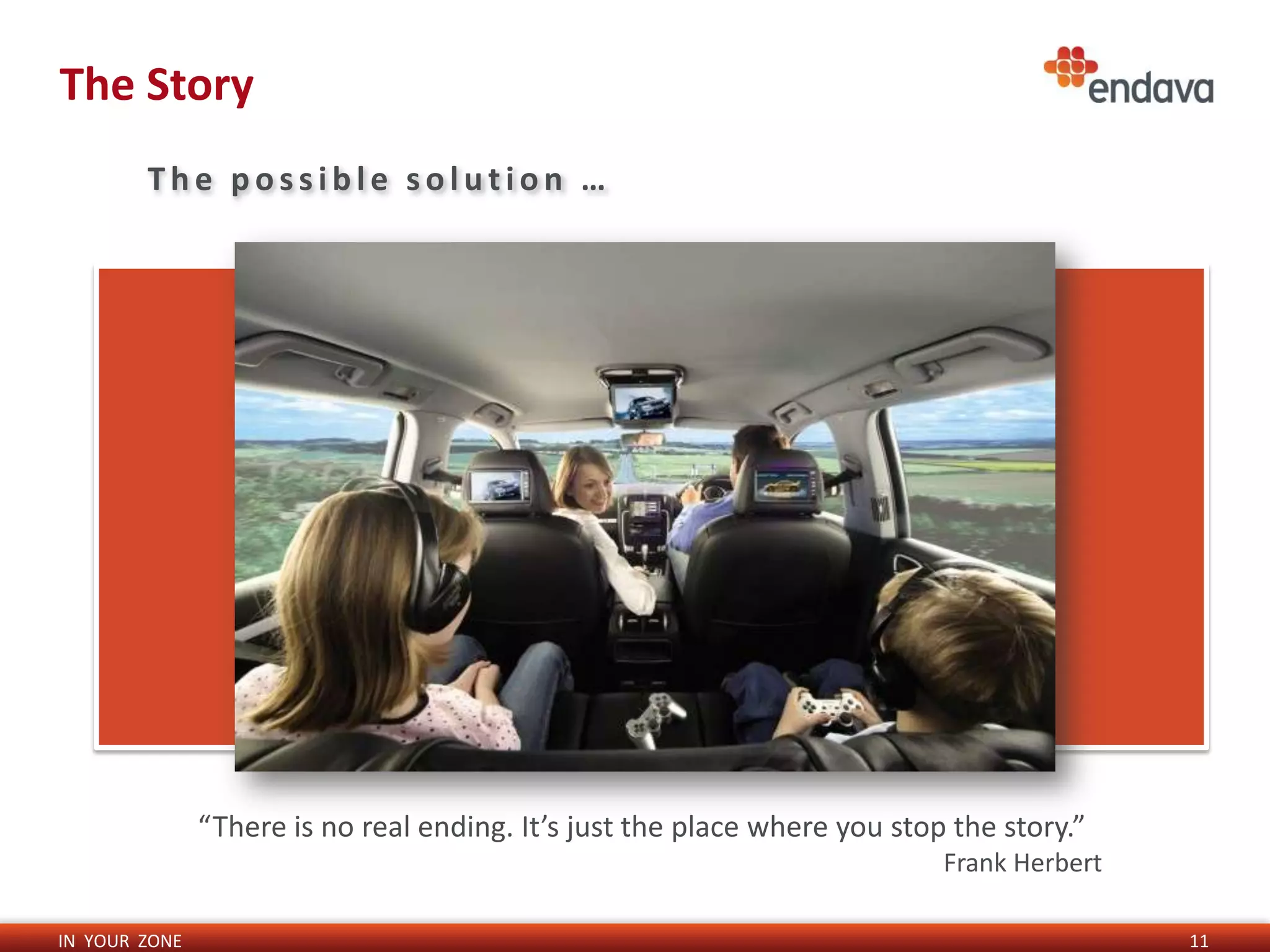 The Story
        The possible solution …




               “There is no real ending. It’s just the place where you stop the story.”
                                                                           Frank Herbert

IN YOUR ZONE                                                                               11
 