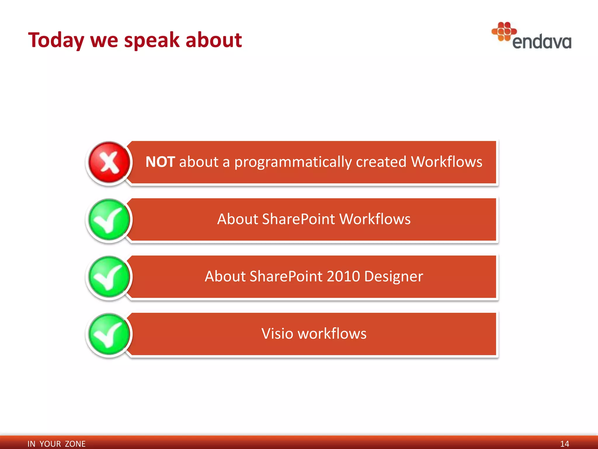 Today we speak about




               NOT about a programmatically created Workflows


                        About SharePoint Workflows


                       About SharePoint 2010 Designer


                              Visio workflows




IN YOUR ZONE                                                    14
 