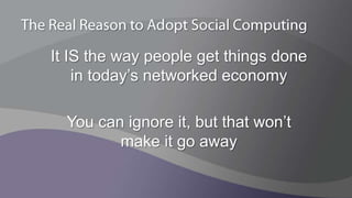 Open innovationWhy Adopt Social Computing?Competition is investing (even if they aren’t sure why)Issues within enterprise  that social computing may help resolveRapid response to problems