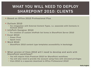 WHAT YOU WILL NEED TO DEPLOY
       SHAREPOINT 2010: CLIENTS
 Based on Of fice 2010 Professional Plus

 Outlook 2010
   For integration with External Content Types, i.e. associate with Contacts in
    Outlook 2010
 InfoPath Designer 2010
   For creation of custom InfoPath list forms in SharePoint Server 2010
 Excel 2010
   Power Pivot
   Spark lines
 Word 2010
   SharePoint 2010 content type templates accessibility in backstage



 What ver sion of Visio 2010 will I need to develop and work with
  SharePoint workflows?
   You will require Visio Premium 2010 for SharePoint workflows
   You will also need to provide the account using Visio with elevated privileges
   Visio 2010 is a separate download to Office Professional 2010!

                                                                                   Kathy Hughes
 