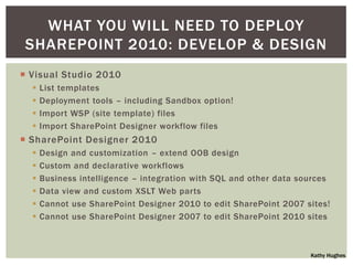 WHAT YOU WILL NEED TO DEPLOY
 SHAREPOINT 2010: DEVELOP & DESIGN
 Visual Studio 2010
     List templates
     Deployment tools – including Sandbox option!
     Import WSP (site template) files
     Import SharePoint Designer workflow files
 SharePoint Designer 2010
     Design and customization – extend OOB design
     Custom and declarative workflows
     Business intelligence – integration with SQL and other data sources
     Data view and custom XSLT Web parts
     Cannot use SharePoint Designer 2010 to edit SharePoint 2007 sites!
     Cannot use SharePoint Designer 2007 to edit SharePoint 2010 sites



                                                                    Kathy Hughes
 