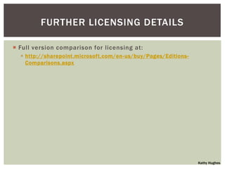 FURTHER LICENSING DETAILS

 Full version comparison for licensing at:
   http://sharepoint.microsoft.com/en-us/buy/Pages/Editions-
    Comparisons.aspx




                                                                Kathy Hughes
 