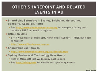 OTHER SHAREPOINT AND RELATED
            EVENTS IN AU
 SharePoint Saturdays – Sydney, Brisbane, Melbourne,
  Canberra, Adelaide, Perth
   See http://www.sharepointsaturday.org for complete listing and
    details – FREE but need to register
 Of fice DevCon
   6 + 7 November, at Microsoft, North Ryde (Sydney) – FREE but need
    to register
   http://www.officedevcon.com.au
 SharePoint user groups
   http://www.sharepointusers.org.au/default.aspx
 Sydney Business & Technology User Group
   Held at Microsoft last Wednesday each month
   See http://sbtug.com for details and upcoming events


                                                                     Kathy Hughes
 