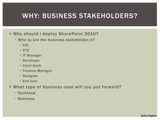 WHY: BUSINESS STAKEHOLDERS?

 Why should I deploy SharePoint 2010?
   Who is/are the business stakeholder/s?
       CIO
       CTO
       IT Manager
       Developer
       Chief Geek
       Finance Manager
       Designer
       End User
 What type of business case will you put forward?
   Technical
   Business



                                                     Kathy Hughes
 