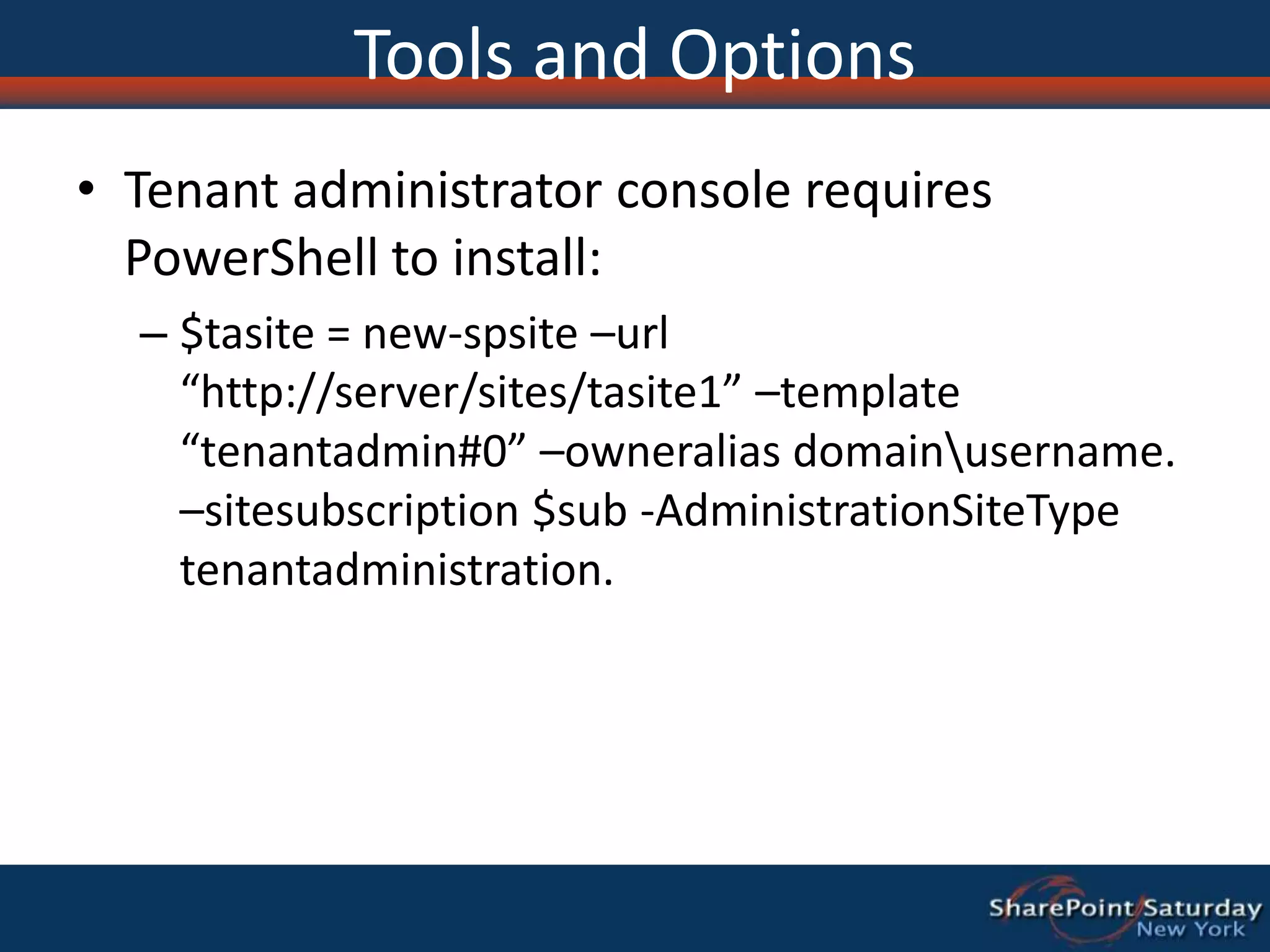 Site Templates does not mean installed features.InstallationPrerequisites:At least 8GB memory (much more for fully utilized server).Windows 2008 R2.SQL Server 2008 R2.*Install SharePoint from the disk and…Installation
