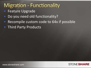 Migration Options – Pros and ConsIn-Place PRO: Does not require new hardwarePRO: Uses Existing Farm configurationsCON: Cannot serve requests from original farmCON: No way to reverse if something goes wrongAttach DatabasesPRO: Can serve requests from 2007 farm while migration occursPRO: Can update multiple databases at oncePRO / CON: Requires new 2010 Farm and hardwarePRO / CON: You have to setup new Farm Configuration SettingsCON: Risk of new content being added to old Farm mid-migration