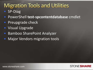 Migration Options – Pros and Cons (cont.)Hybrid 1 – Read-only DatabasesPRO / CON: Requires new 2010 Farm and hardwarePRO: Can serve requests from existing farmPRO: No risk of content being added mid-migrationCON: Prevents content from being updated until migration completeHybrid 2 – Detach Databases (In Place With Database Detach)CON: Cannot serve requests from original farmPRO: Does not require new hardwarePRO: Can upgrade multiple databases at once for faster upgrade 