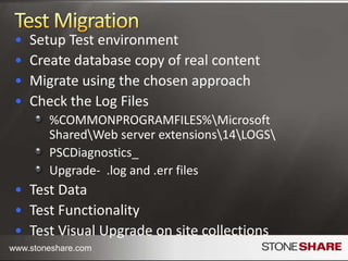 RestructuringThis is a good opportunity to restructure your farmUse mergedb to consolidate site collections into one content databaseUse backup / restore to move site collections aroundUse Third Party Tools to restructure:Web Application, Site Collections, and Site LayoutsNavigationContent 