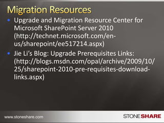 1..n Test MigrationsSetup Test environmentCreate database copy of real contentMigrate using the chosen approachCheck the Log Files%COMMONPROGRAMFILES%\Microsoft Shared\Web server extensions\14\LOGS\PSCDiagnostics_Upgrade-  .log and .err filesTest Data and FunctionalityTest Visual Upgrade on site collectionsIdentify and fix problems