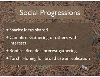 Social Progressions

• Sparks: Ideas shared
• Campﬁre: Gathering of others with
 interests
• Bonﬁre: Broader interest gath...