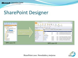 SharePoint Designer
SharePoint 2010. Novedades y mejoras 53
SPD 2007 UI SPD 2010 UI
Nuevo UI más
lógico
 