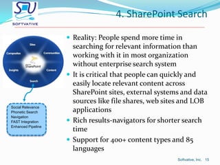 4. SharePoint Search
 Reality: People spend more time in

Social Relevance
Phonetic Search
Navigation
FAST Integration
En...