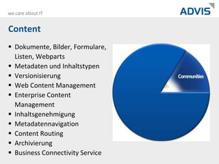 ContentDokumente, Bilder, Formulare, Listen, WebpartsMetadaten und InhaltstypenVersionisierungWeb Content ManagementEnterprise Content ManagementInhaltsgenehmigungMetadatennavigationContent RoutingArchivierungBusiness Connectivity Service