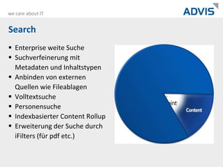 SearchEnterprise weite SucheSuchverfeinerung mit Metadaten und InhaltstypenAnbinden von externen Quellen wie FileablagenVolltextsuchePersonensucheIndexbasierter Content RollupErweiterung der Suche durch iFilters (für pdf etc.)
