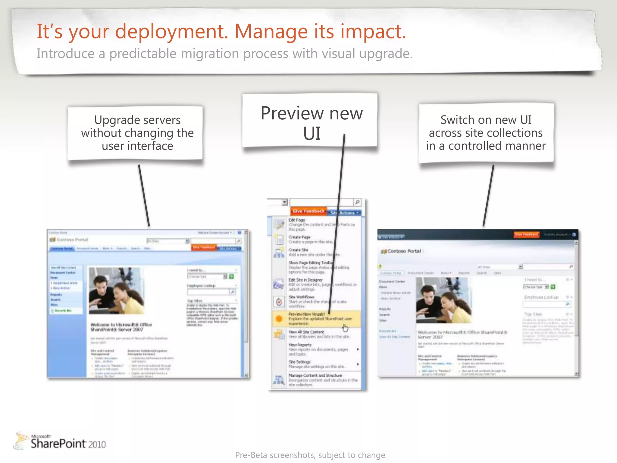 It’s your deployment. Manage its impact.
Introduce a predictable migration process with visual upgrade.



         Upgrade servers              Preview new                            Switch on new UI
       without changing the                UI                              across site collections
           user interface                                                 in a controlled manner




                                Pre-Beta screenshots, subject to change
 