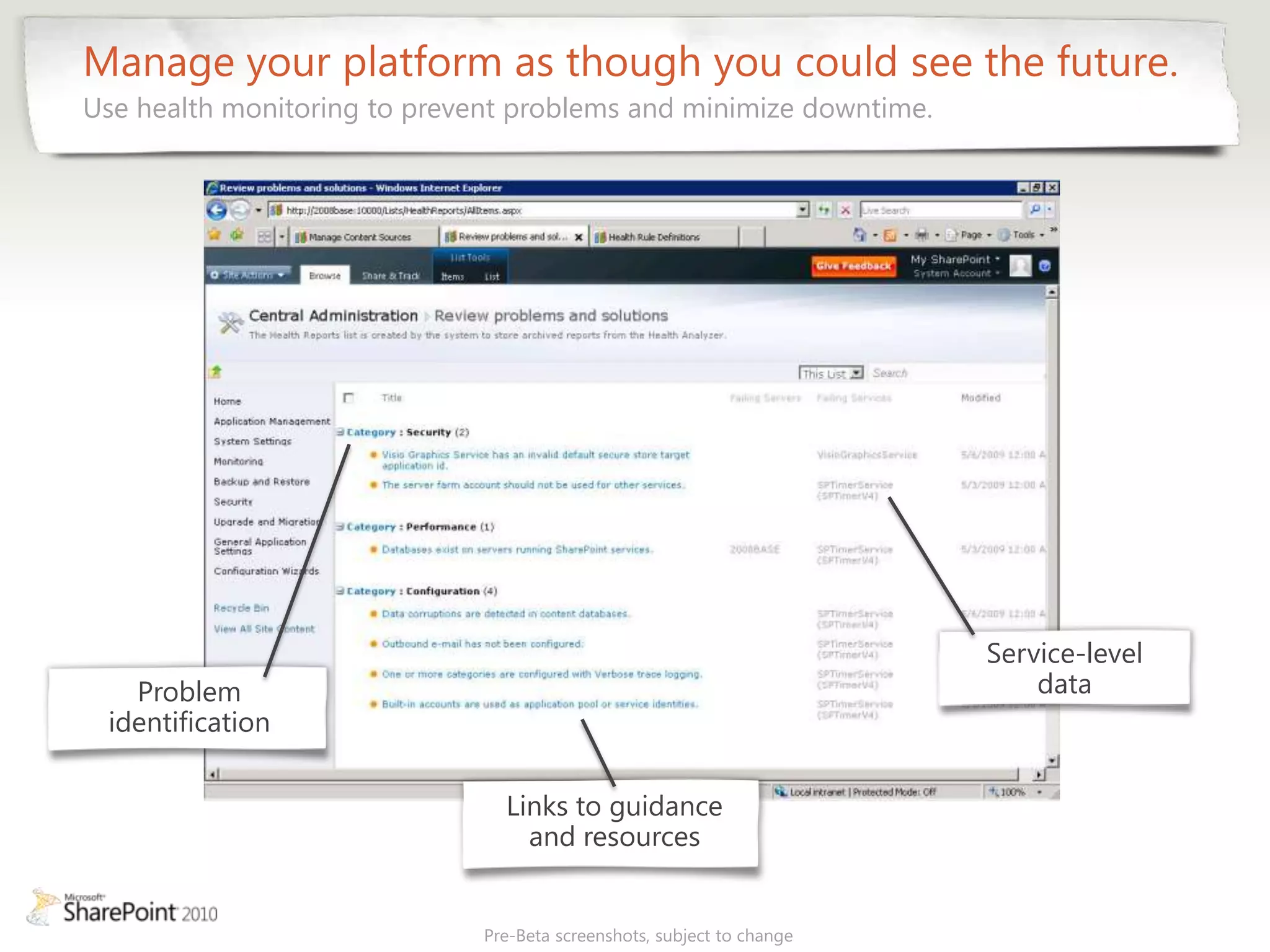 Manage your platform as though you could see the future.
Use health monitoring to prevent problems and minimize downtime.




                                                                        Service-level
   Problem                                                                  data
 identification

                                Links to guidance
                                  and resources


                              Pre-Beta screenshots, subject to change
 