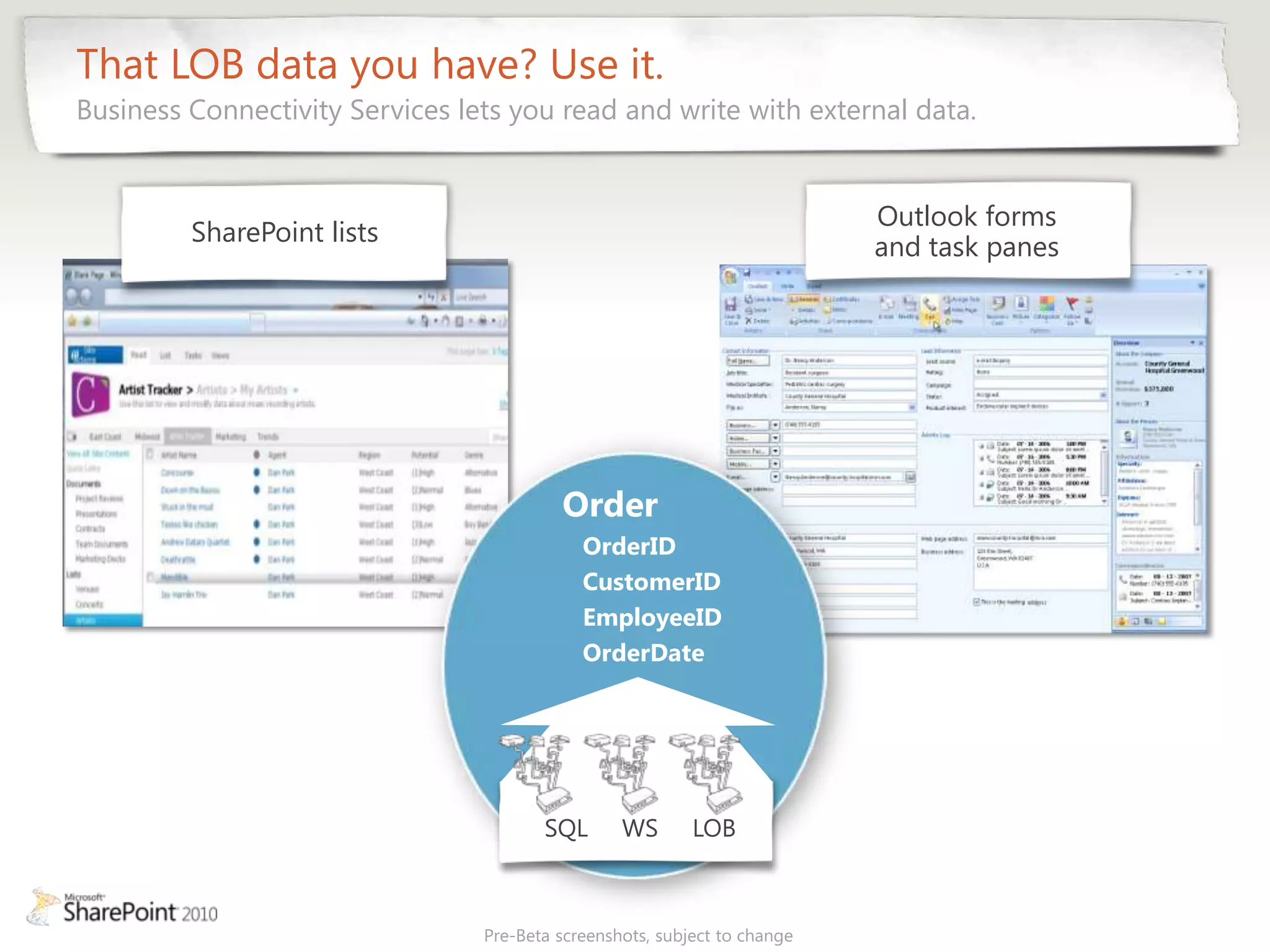 That LOB data you have? Use it.
Business Connectivity Services lets you read and write with external data.


                                                                           Outlook forms
         SharePoint lists
                                                                           and task panes




                                          Order
                                             OrderID
                                             CustomerID
                                             EmployeeID
                                             OrderDate




                                        SQL       WS       LOB



                                 Pre-Beta screenshots, subject to change
 