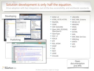 Solution development is only half the equation.
 Drive adoption with fast integration, out-of-the-box accessibility, and worldwide standards.


Developing                                                  DOM 1.0                 URI/URN
                                                            HTML, HTTP, HTTPS       W3C XML Schema
                                                            MathML                  WCAG 2.0
                                                            ODBC                    WebDAV
                                                            ODF (IS26300)           WSDL
                                                            Open XML (IS29500)      WSRP
                                                             OpenSearch              XHTML
                                                            OpenType                XML
                                                            PDF 1.7                 XML Web Services
                                                            PDF/A                   XMLDsig
     Publishing
                                                            RTF                     XPATH
                                                            RSS, ATOM               XPS
                                                            SOAP                    XSLT
                                                            SVG
                                                            REST
                                                            UDDI
                                                            Unicode


                                                                                      Open
                                                                                  documentation
                                                                                     and APIs
                                 Pre-Beta screenshots, subject to change
 