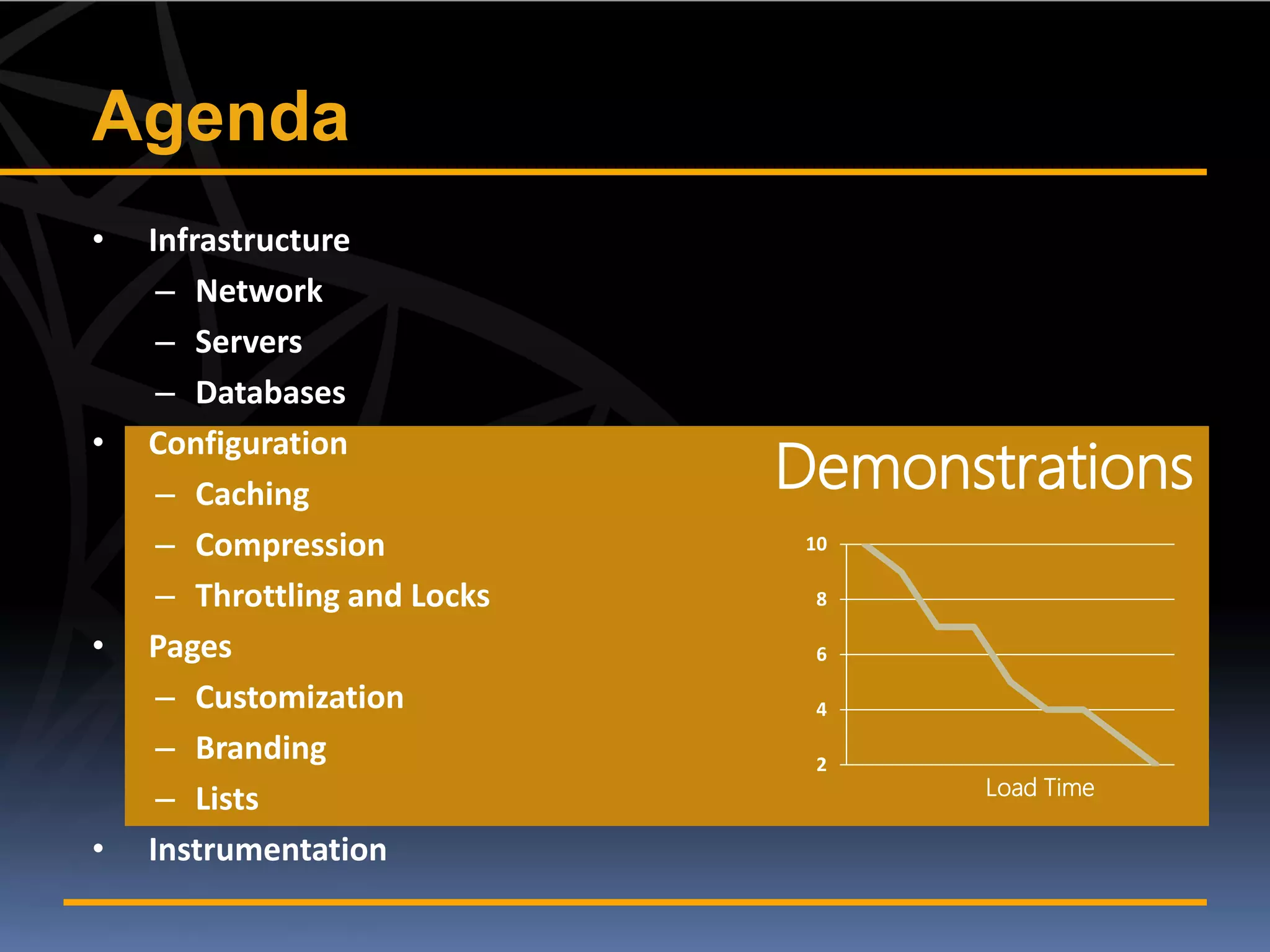Agenda
•   Infrastructure
     – Network
     – Servers
     – Databases

                              Demonstrations
•   Configuration
     – Caching
     – Compression             10

     – Throttling and Locks    8

•   Pages                      6

     – Customization           4

     – Branding                2
                                     Load Time
     – Lists
•   Instrumentation
 
