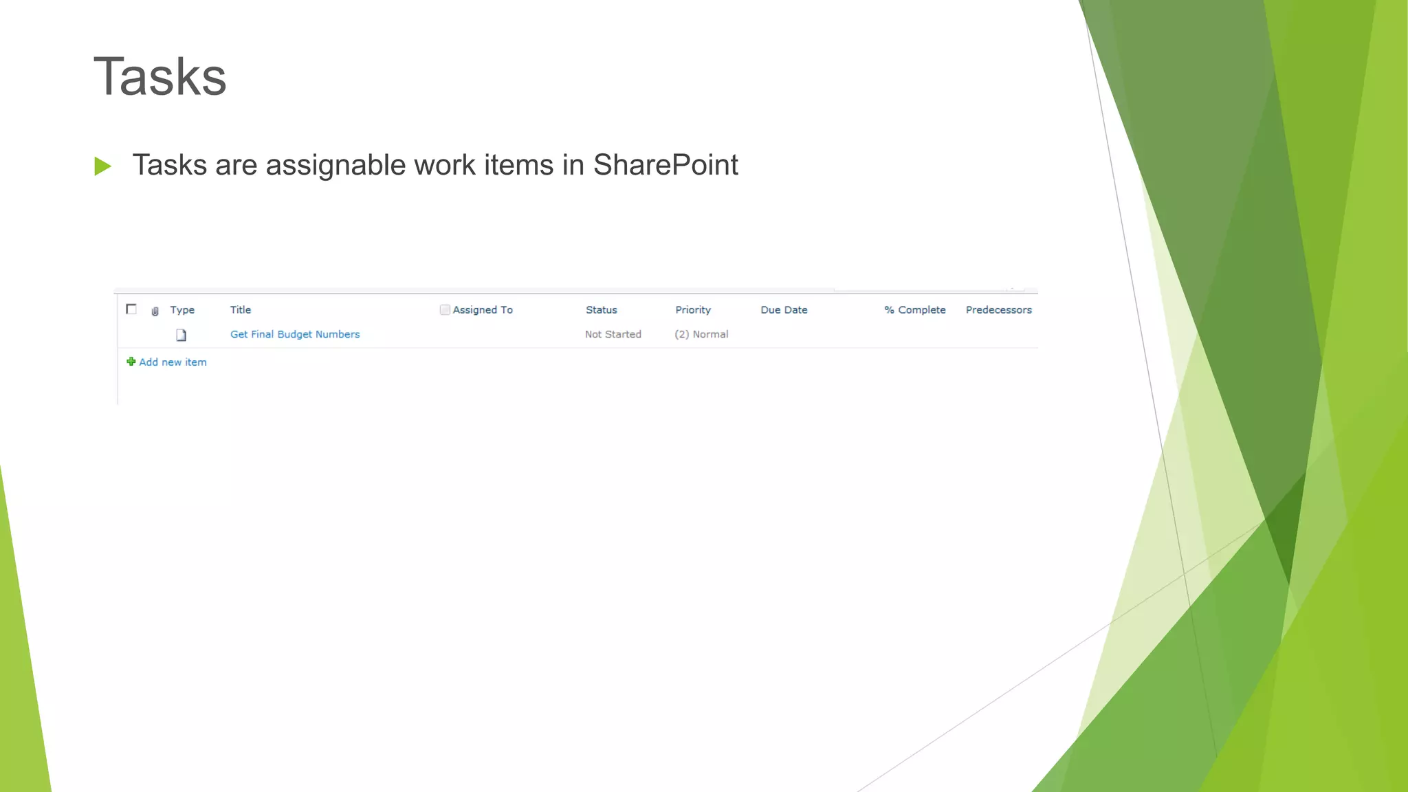 Tasks are assignable work items in SharePoint 
Tasks  