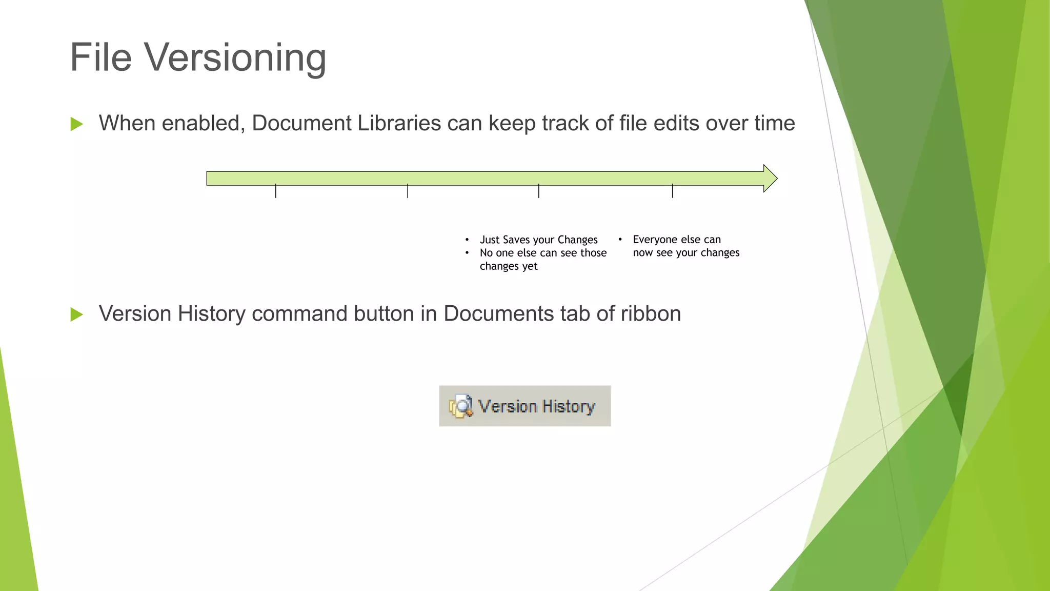 When enabled, Document Libraries can keep track of file edits over time 
Version History command button in Documents tab of ribbon 
File Versioning 
Check Out 
Edit 
Save 
•Just Saves your Changes 
•No one else can see thosechanges yet 
Check-In Draft/ Minor Version 
•Everyone else cannow see your changes  