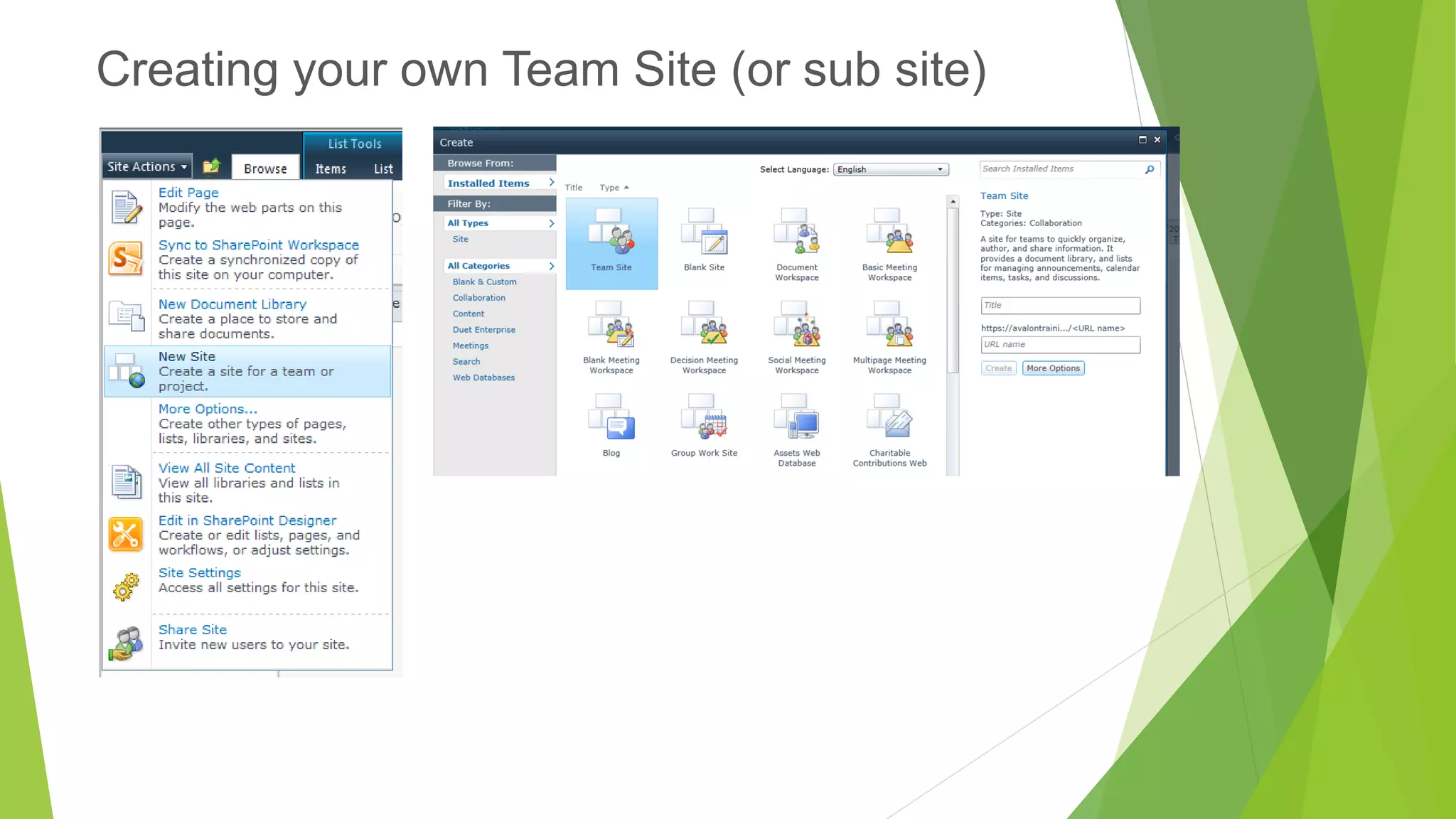 Creating your own Team Site (or sub site)  