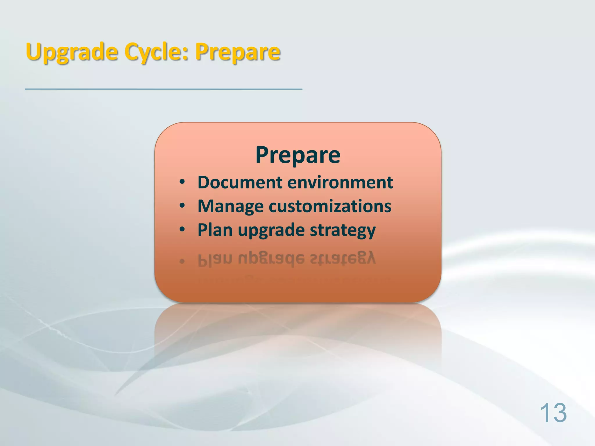 Upgrade Cycle: Prepare


                     Prepare
             • Document environment
             • Manage customizations
             • Plan upgrade strategy




                                       13
 