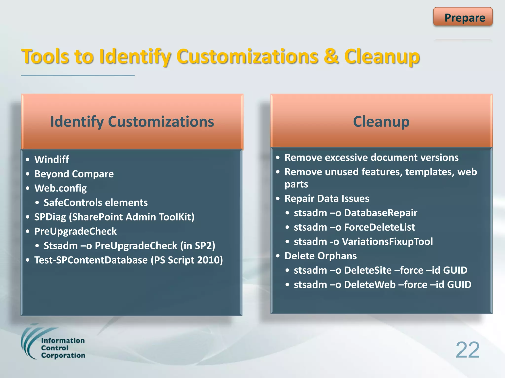 Prepare


Tools to Identify Customizations & Cleanup

     Identify Customizations                               Cleanup

• Windiff                                   • Remove excessive document versions
• Beyond Compare                            • Remove unused features, templates, web
• Web.config                                  parts
  • SafeControls elements                   • Repair Data Issues
• SPDiag (SharePoint Admin ToolKit)           • stsadm –o DatabaseRepair
• PreUpgradeCheck                             • stsadm –o ForceDeleteList
  • Stsadm –o PreUpgradeCheck (in SP2)        • stsadm -o VariationsFixupTool
• Test-SPContentDatabase (PS Script 2010)   • Delete Orphans
                                              • stsadm –o DeleteSite –force –id GUID
                                              • stsadm –o DeleteWeb –force –id GUID




                                                                               22
 