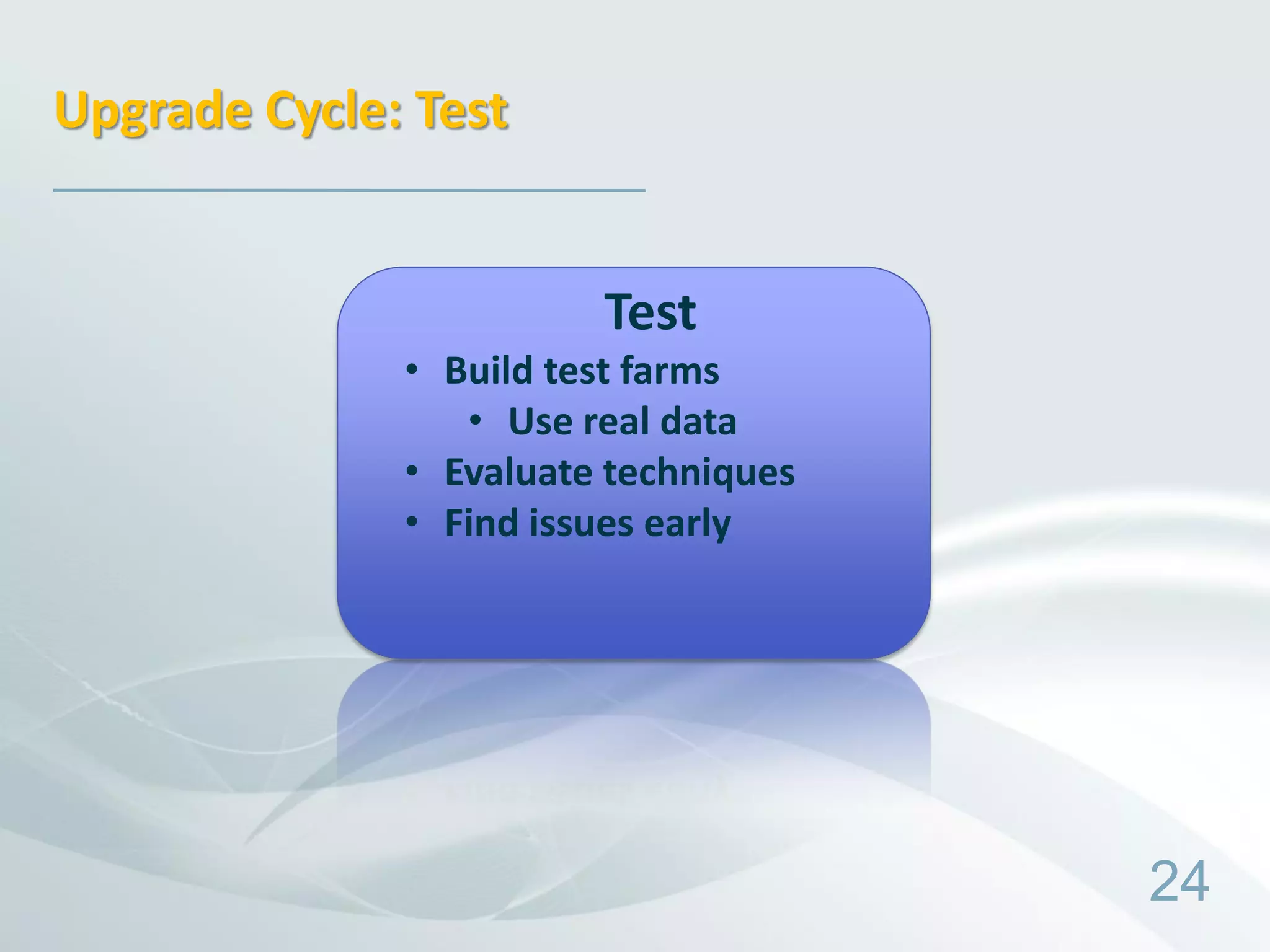 Upgrade Cycle: Test


                        Test
              • Build test farms
                 • Use real data
              • Evaluate techniques
              • Find issues early




                                      24
 