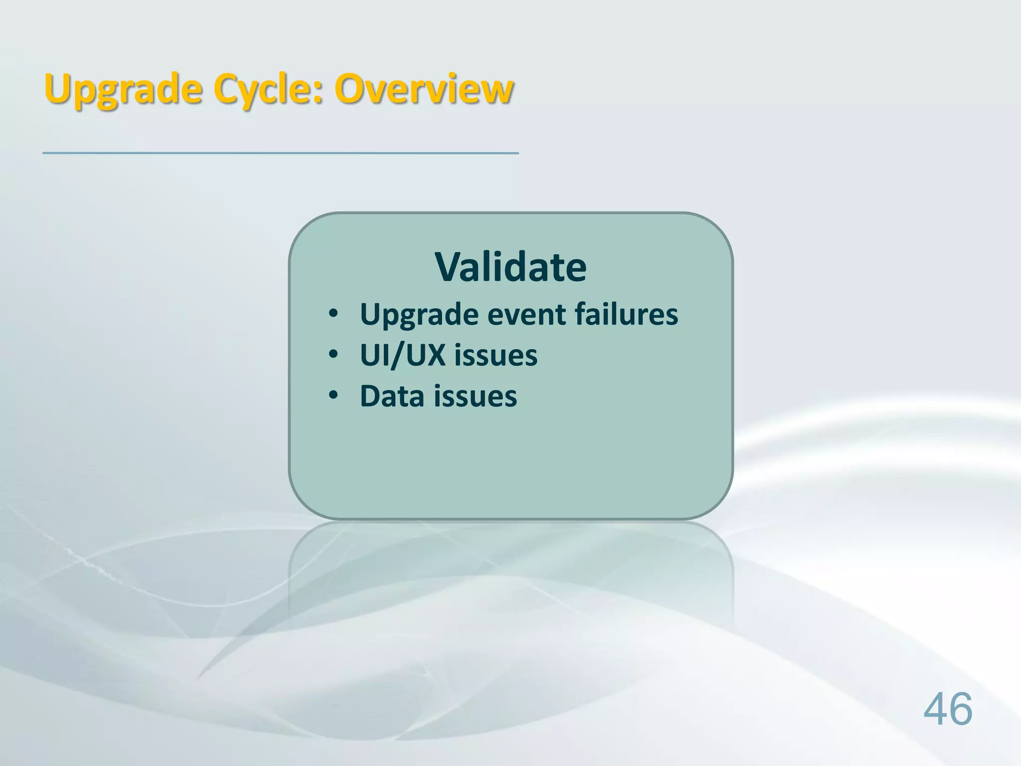 Upgrade Cycle: Overview


                    Validate
             • Upgrade event failures
             • UI/UX issues
             • Data issues




                                        46
 