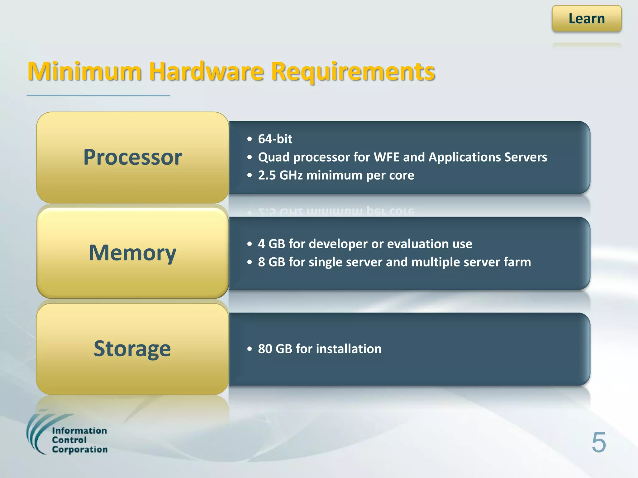 Learn


Minimum Hardware Requirements

               • 64-bit
   Processor   • Quad processor for WFE and Applications Servers
               • 2.5 GHz minimum per core



               • 4 GB for developer or evaluation use
    Memory     • 8 GB for single server and multiple server farm




    Storage    • 80 GB for installation




                                                                      5
 