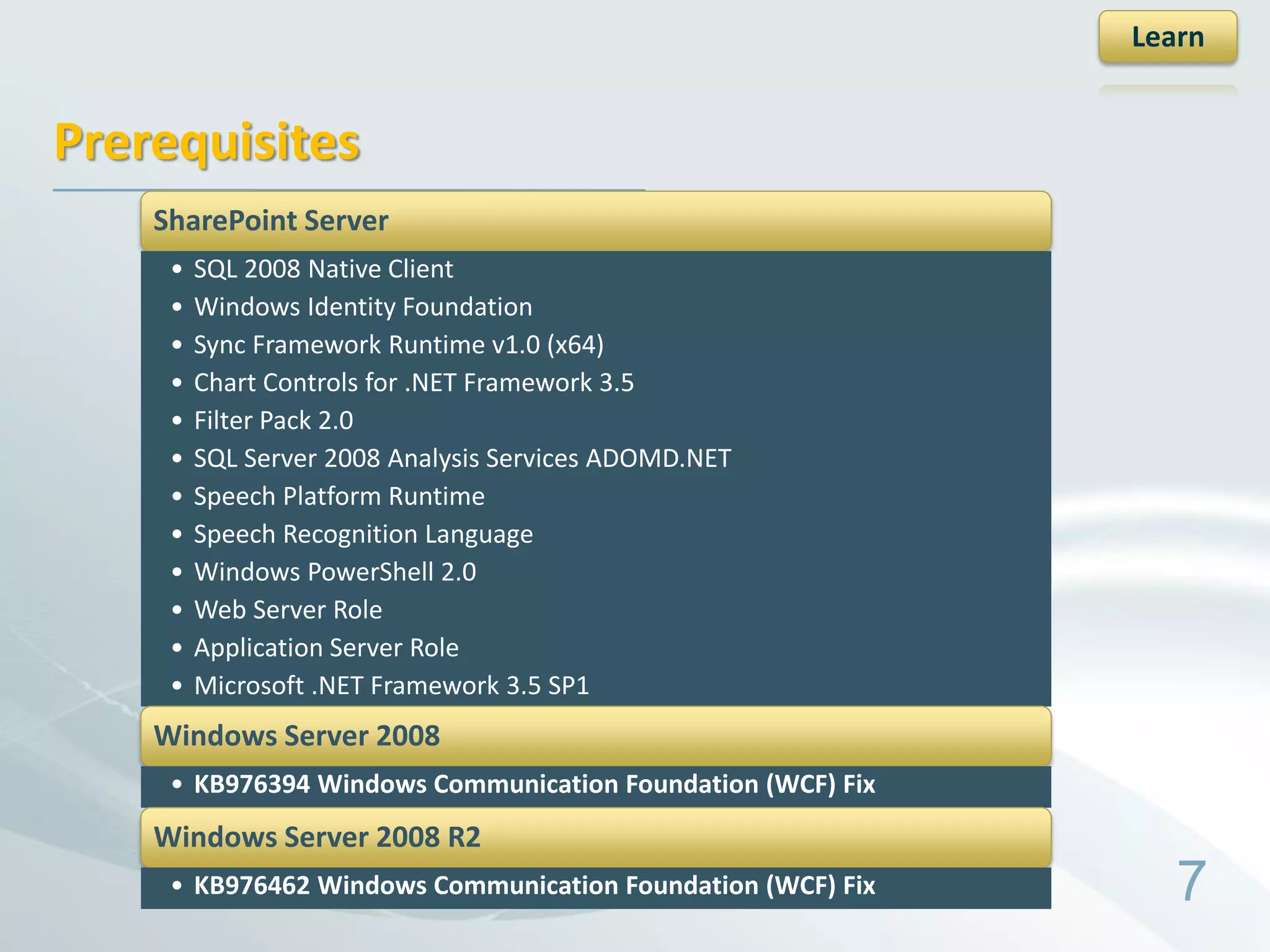 Learn


Prerequisites
    SharePoint Server
     •   SQL 2008 Native Client
     •   Windows Identity Foundation
     •   Sync Framework Runtime v1.0 (x64)
     •   Chart Controls for .NET Framework 3.5
     •   Filter Pack 2.0
     •   SQL Server 2008 Analysis Services ADOMD.NET
     •   Speech Platform Runtime
     •   Speech Recognition Language
     •   Windows PowerShell 2.0
     •   Web Server Role
     •   Application Server Role
     •   Microsoft .NET Framework 3.5 SP1
    Windows Server 2008
     • KB976394 Windows Communication Foundation (WCF) Fix
    Windows Server 2008 R2
     • KB976462 Windows Communication Foundation (WCF) Fix      7
 