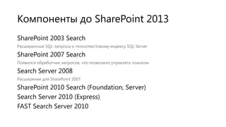 Компоненты до SharePoint 2013
SharePoint 2003 Search
Расширенные SQL-запросы к полнотекстовому индексу SQL Server

SharePoint 2007 Search
Появился обработчик запросов, что позволило управлять поиском

Search Server 2008
Расширение для SharePoint 2007

SharePoint 2010 Search (Foundation, Server)
Search Server 2010 (Express)
FAST Search Server 2010

 