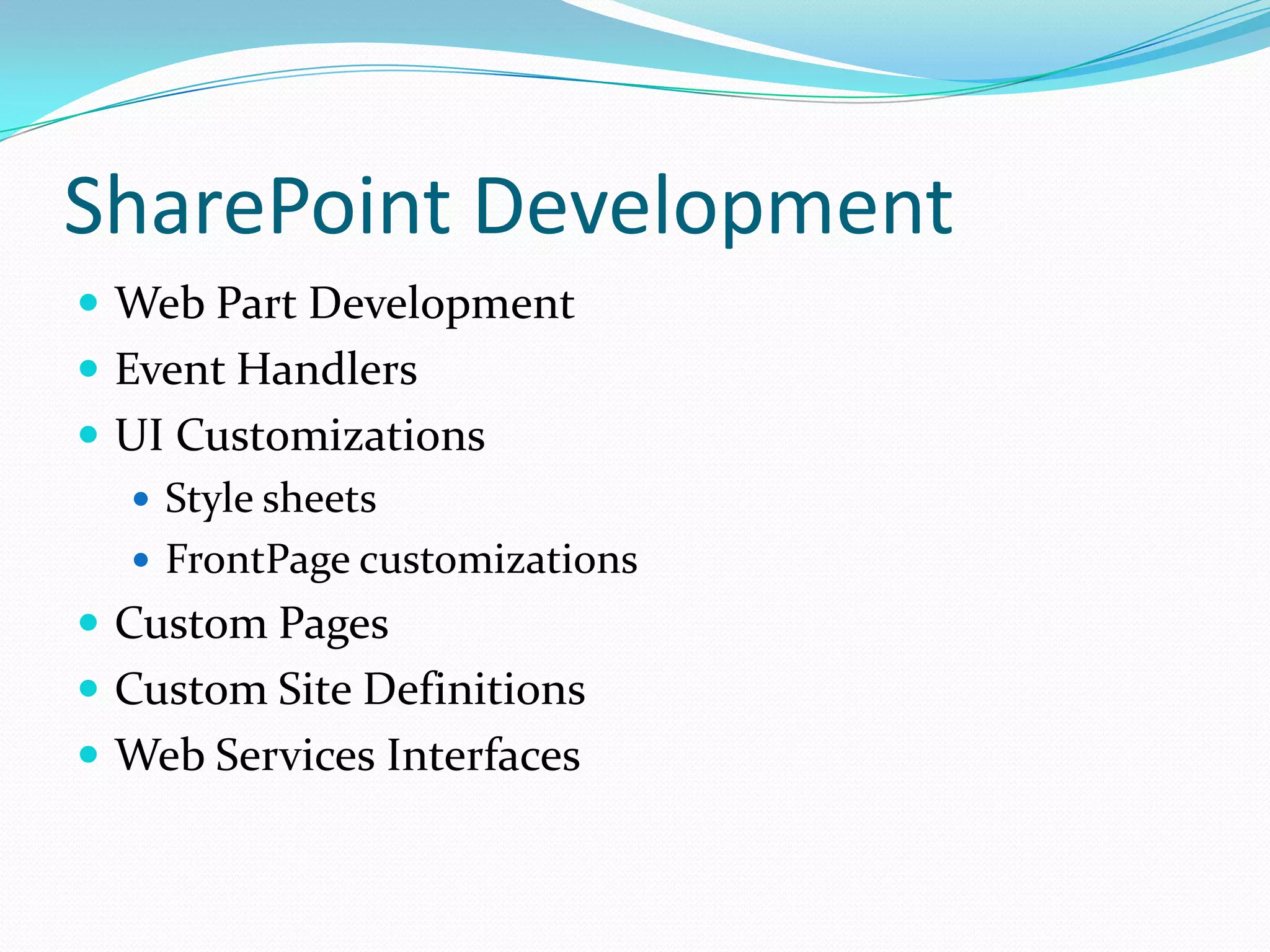 SharePoint Development
 Web Part Development
 Event Handlers
 UI Customizations
 Style sheets
 FrontPage customizations
 Custom Pages
 Custom Site Definitions
 Web Services Interfaces
 