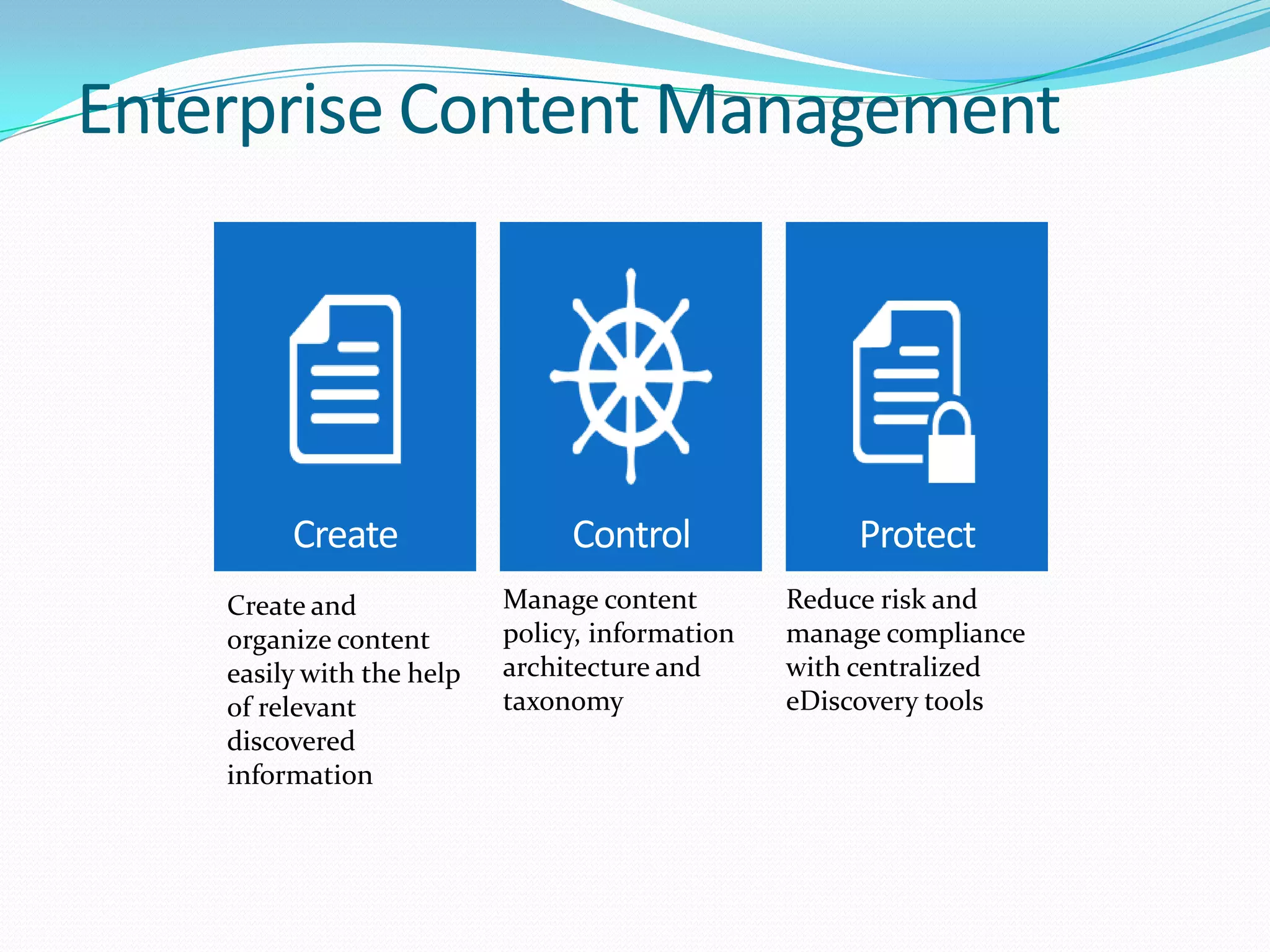 Create Control Protect
Create and
organize content
easily with the help
of relevant
discovered
information
Manage content
policy, information
architecture and
taxonomy
Reduce risk and
manage compliance
with centralized
eDiscovery tools
 