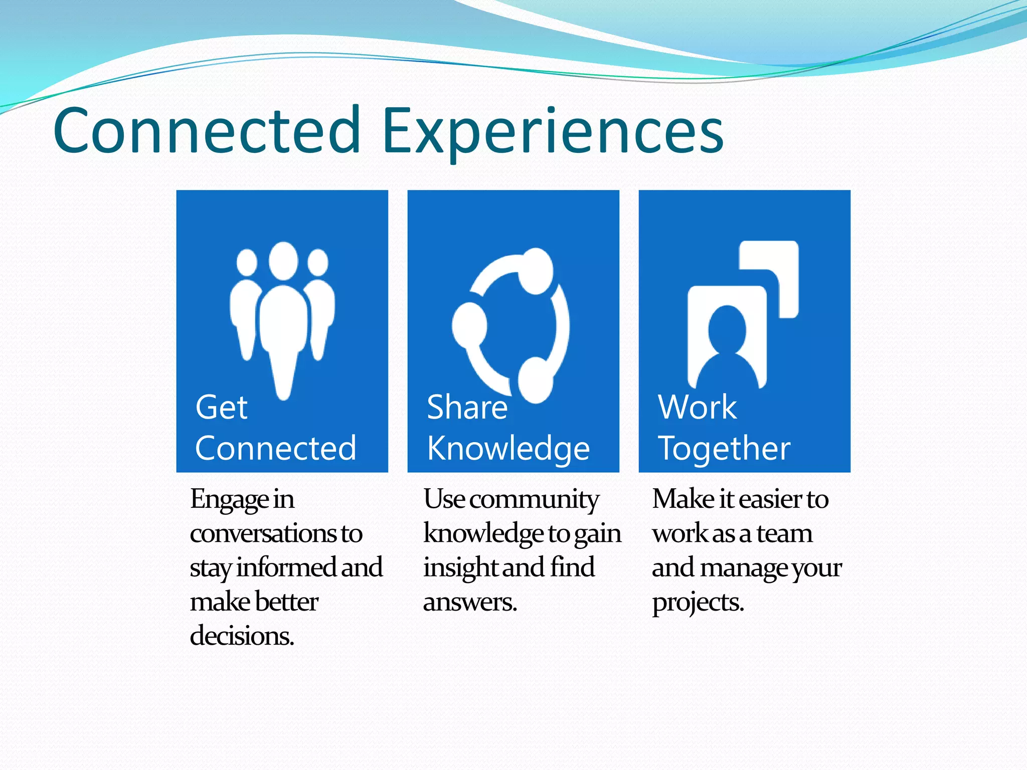 Connected Experiences
Makeiteasierto
workasateam
andmanageyour
projects.
Usecommunity
knowledgetogain
insightandfind
answers.
Engagein
conversationsto
stayinformedand
makebetter
decisions.
 