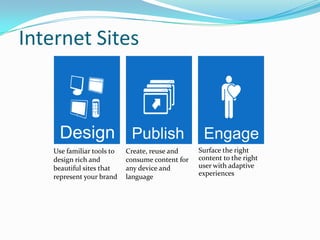 Internet Sites
Use familiar tools to
design rich and
beautiful sites that
represent your brand
Create, reuse and
consume content for
any device and
language
Surface the right
content to the right
user with adaptive
experiences
 