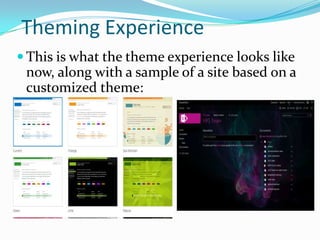 Theming Experience
 This is what the theme experience looks like
now, along with a sample of a site based on a
customized theme:
 