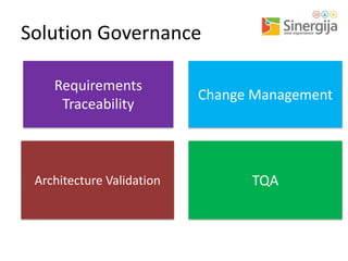 Solution Governance
Requirements
Traceability

Change Management

Architecture Validation

TQA

 