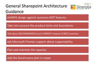 General Sharepoint Architecture
Guidance
ALWAYS design against scenarios NOT features
Take into account the product limits and boundaries
Talk about RECOMMENDED and CURRENT instead of BEST practices

Ask Microsoft Premier support about supportability

Plan and maintain the capacity
Add the Governance plan in scope

 