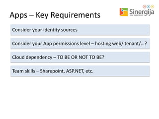 Apps – Key Requirements
Consider your identity sources
Consider your App permissions level – hosting web/ tenant/…?

Cloud dependency – TO BE OR NOT TO BE?
Team skills – Sharepoint, ASP.NET, etc.

 