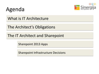 Agenda
What is IT Architecture
The Architect’s Obligations

The IT Architect and Sharepoint
Sharepoint 2013 Apps

Sharepoint Infrastructure Decisions

 