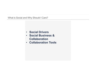 •  Social Drivers
•  Social Business &
   Collaboration
•  Collaboration Tools
 
