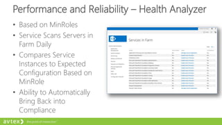 Performance and Reliability – Health Analyzer
• Based on MinRoles
• Service Scans Servers in
Farm Daily
• Compares Service
Instances to Expected
Configuration Based on
MinRole
• Ability to Automatically
Bring Back into
Compliance
 