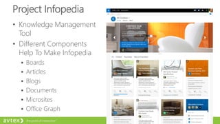 Project Infopedia
• Knowledge Management
Tool
• Different Components
Help To Make Infopedia
 Boards
 Articles
 Blogs
 Documents
 Microsites
 Office Graph
 