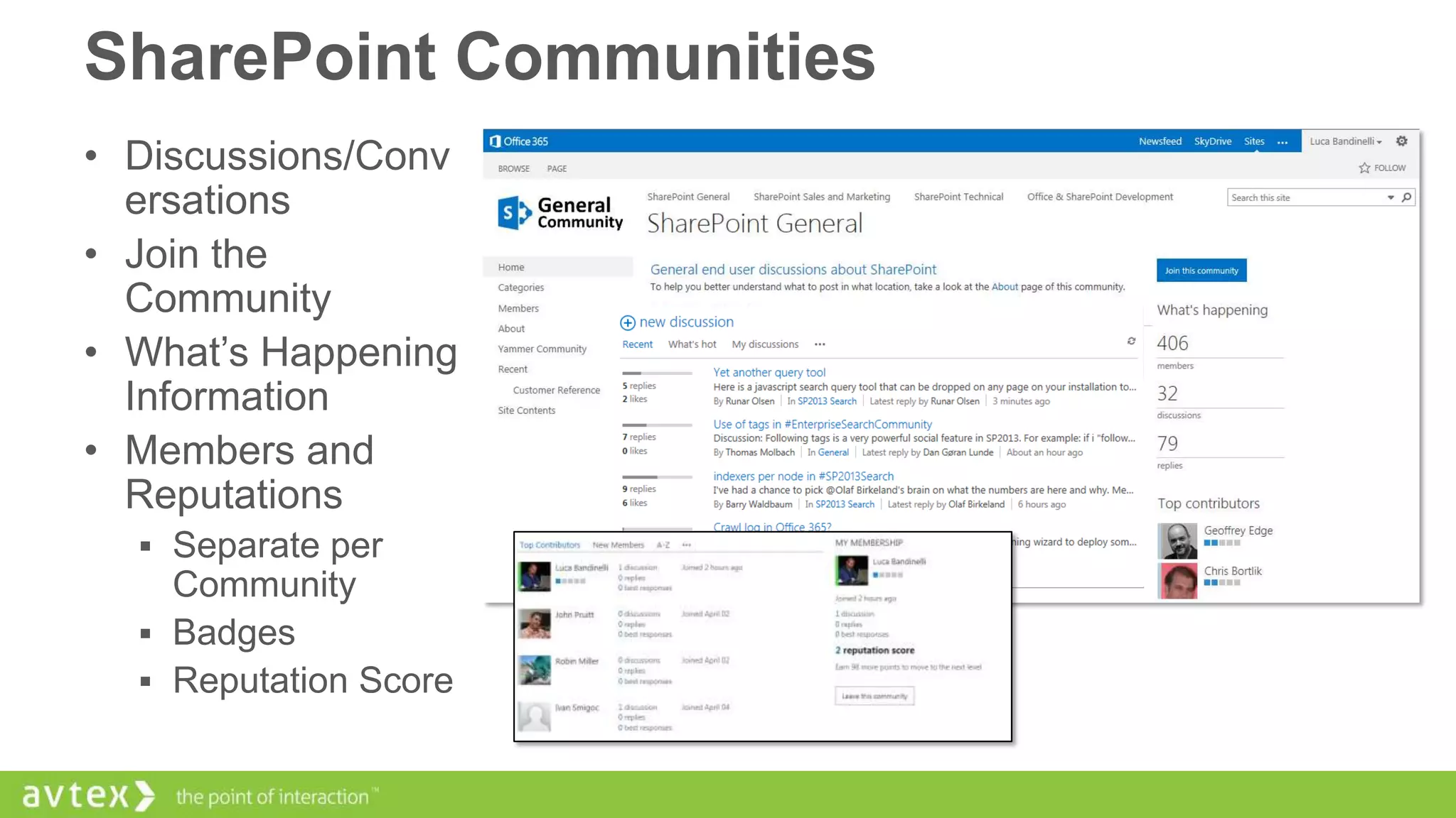 SharePoint Communities
• Discussions/Conv
ersations
• Join the
Community
• What’s Happening
Information
• Members and
Reputations
 Separate per

Community
 Badges
 Reputation Score

 