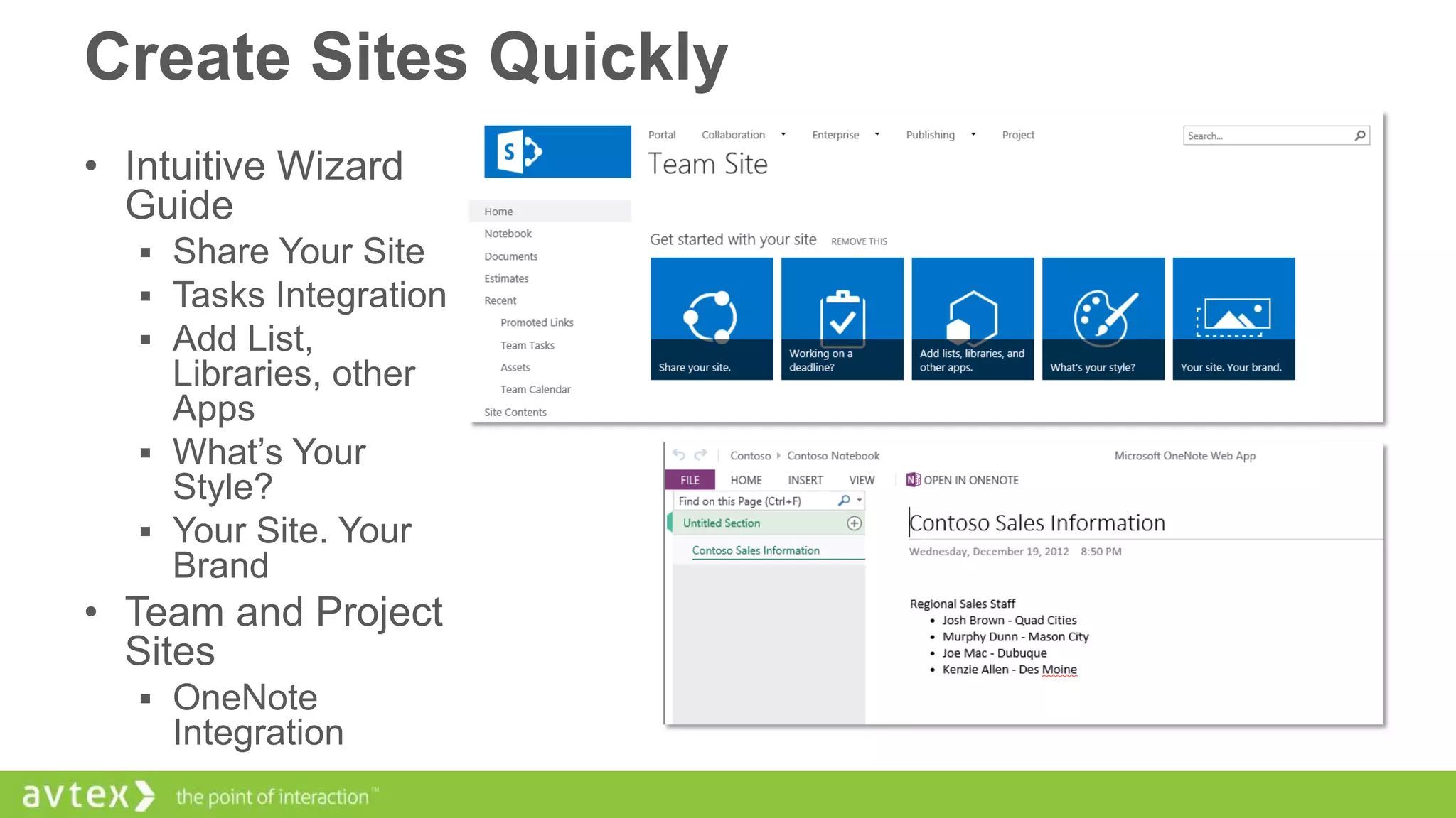 Create Sites Quickly
• Intuitive Wizard
Guide
 Share Your Site
 Tasks Integration
 Add List,

Libraries, other
Apps
 What’s Your
Style?
 Your Site. Your
Brand

• Team and Project
Sites
 OneNote

Integration

 