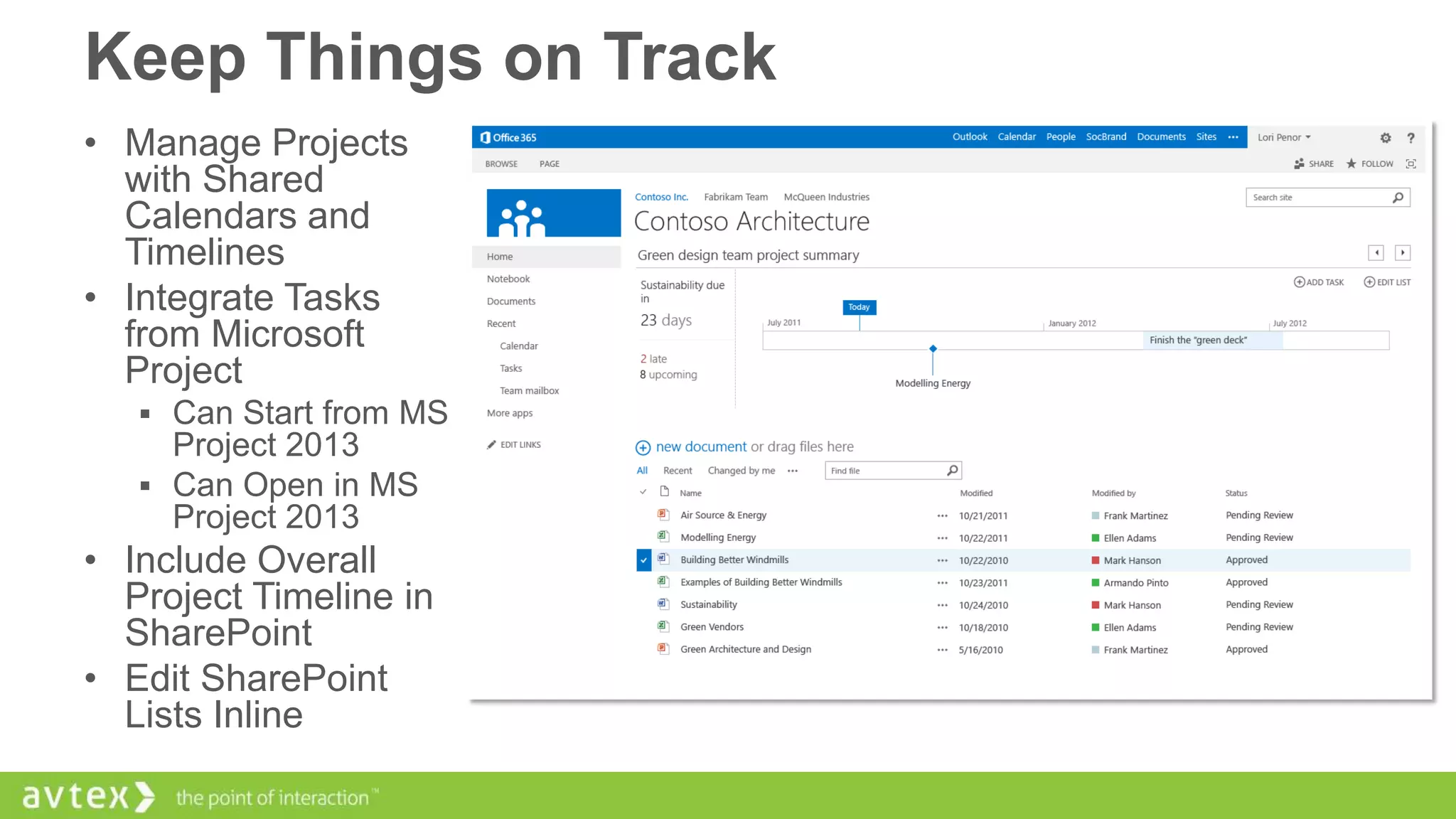 Keep Things on Track
• Manage Projects
with Shared
Calendars and
Timelines
• Integrate Tasks
from Microsoft
Project
 Can Start from MS

Project 2013
 Can Open in MS
Project 2013

• Include Overall
Project Timeline in
SharePoint
• Edit SharePoint
Lists Inline

 